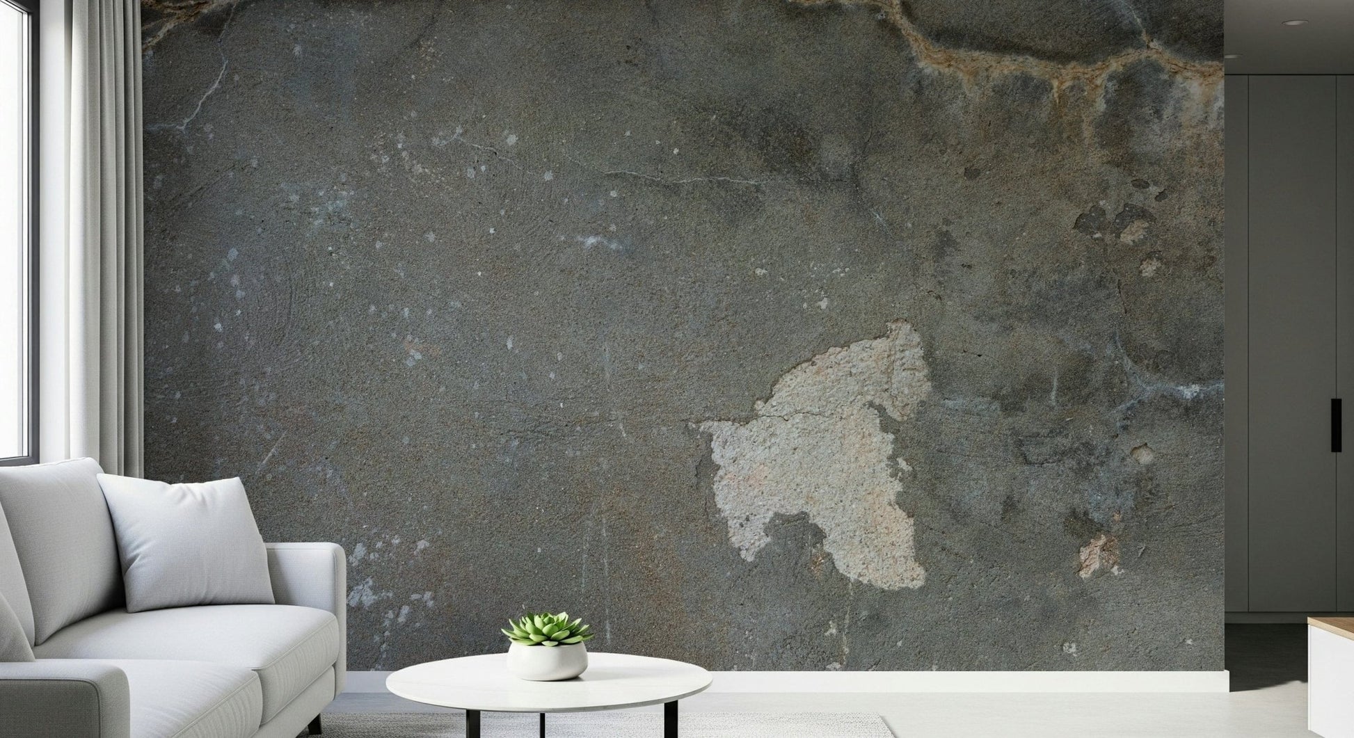 Urban Gray Industrial wallpaper mural in dark concrete behind a white sofa and round table with a succulent
