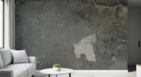 Urban Gray Industrial wallpaper mural in dark concrete behind a white sofa and round table with a succulent