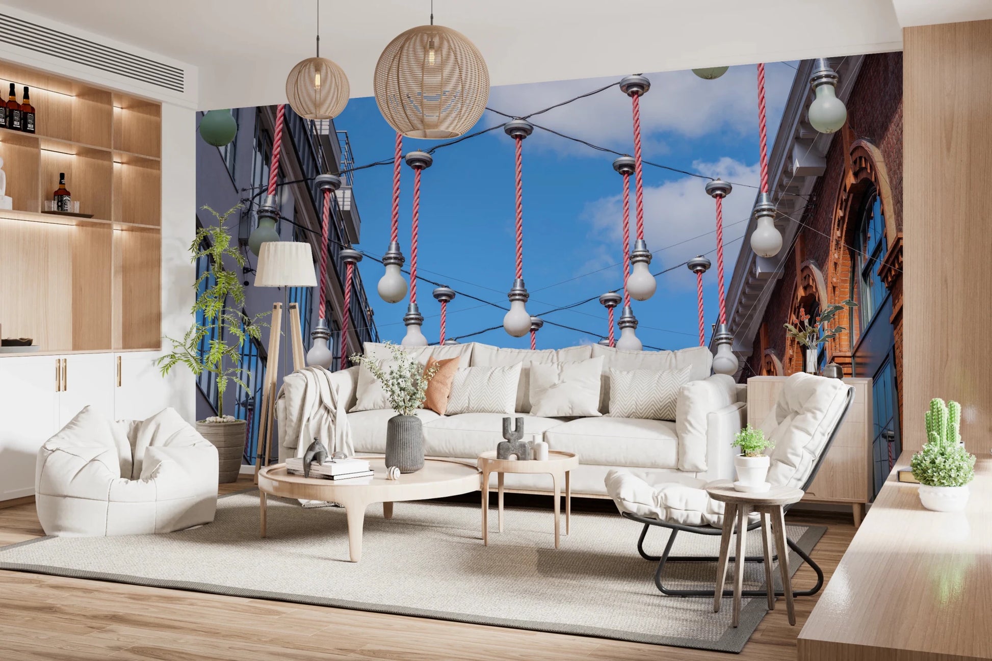 Clear focus Urban Hanging Lights Wall Mural showing symmetric light rows.