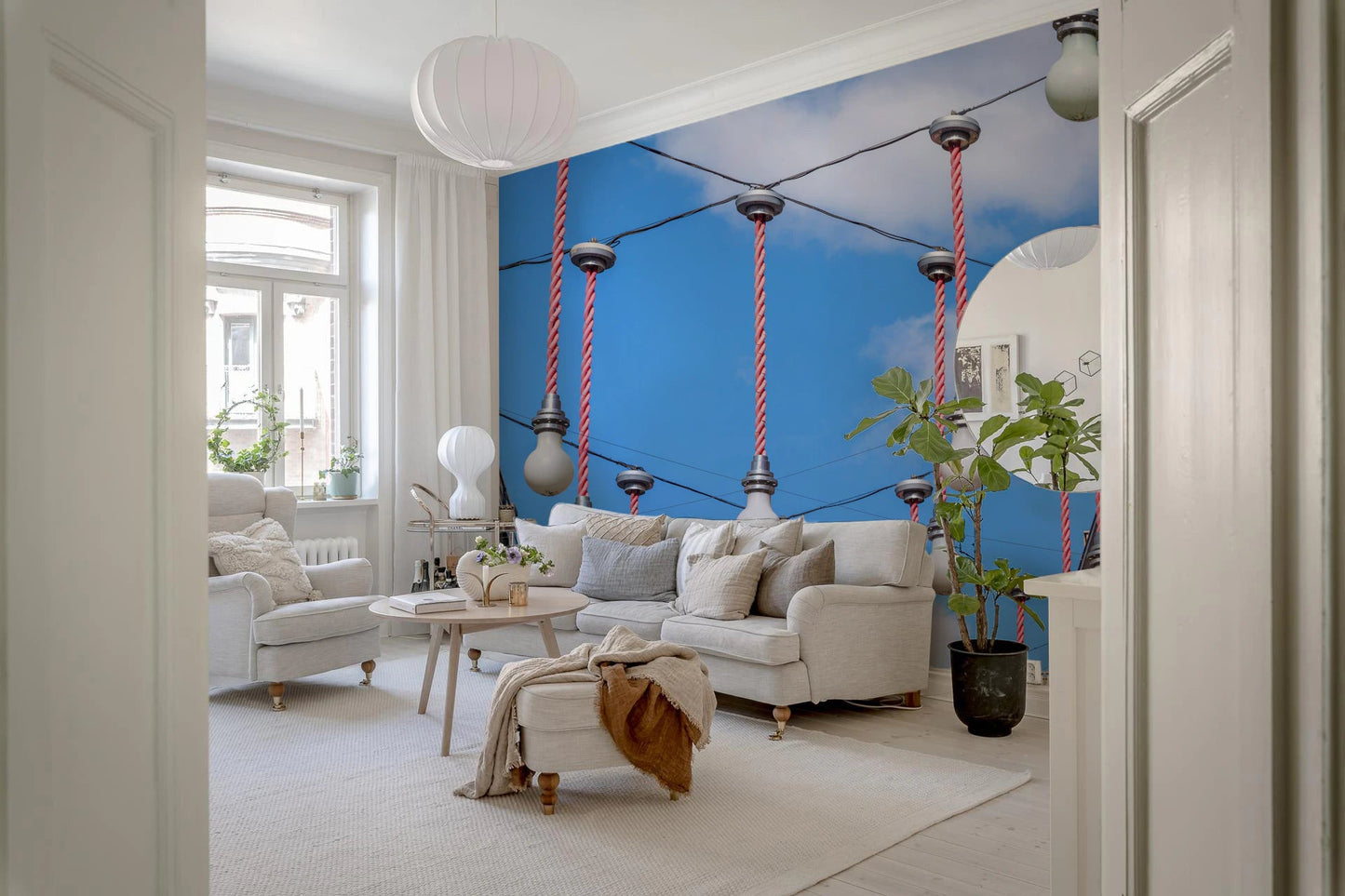 Detailed Urban Hanging Lights Wall Mural showing outdoor electrical fixtures.