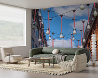 Industrial vibe Urban Hanging Lights Wall Mural hallway with textured red ropes.