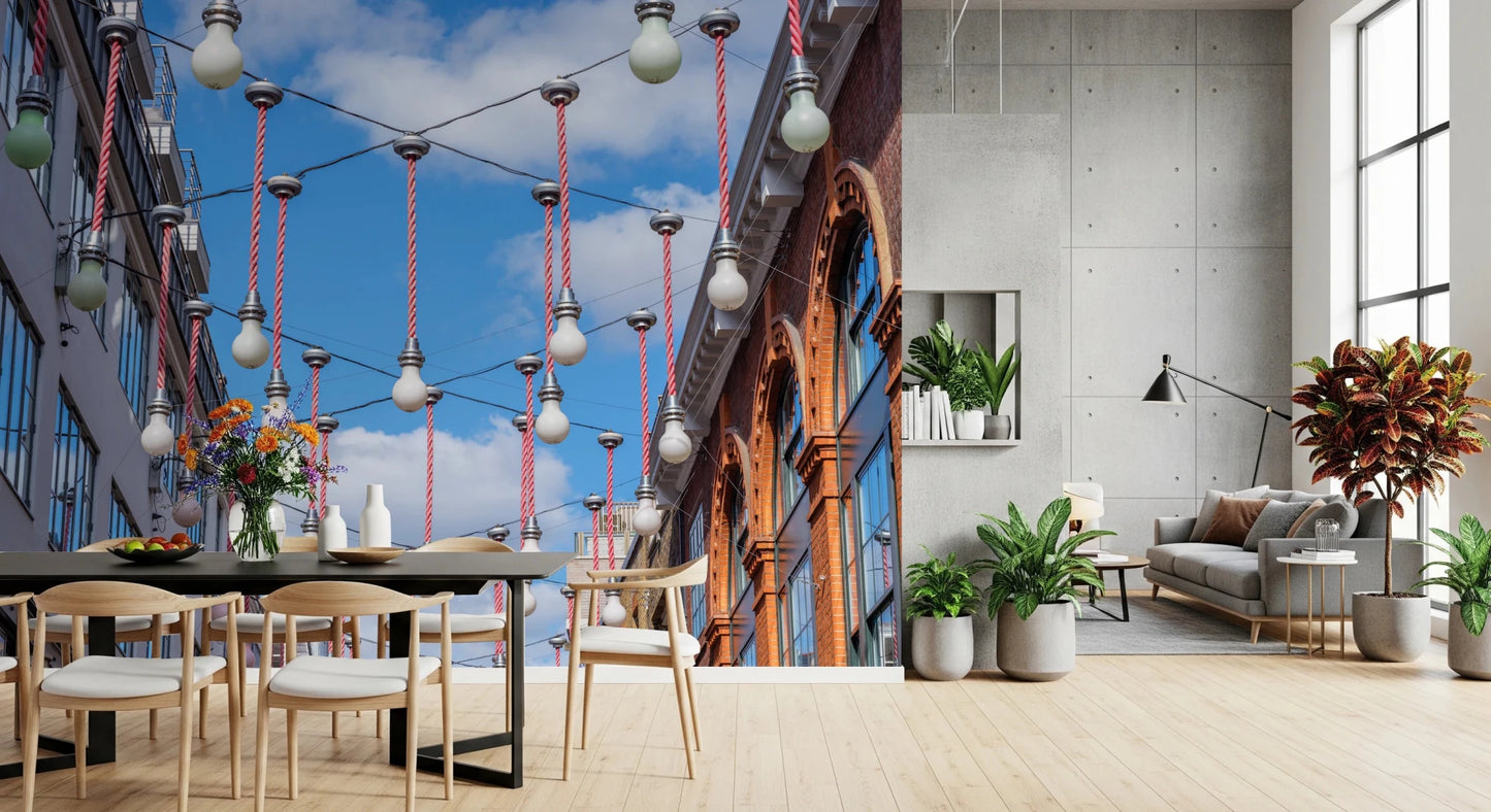 Modern Urban Hanging Lights Wall Mural displaying white hanging glass bulbs.