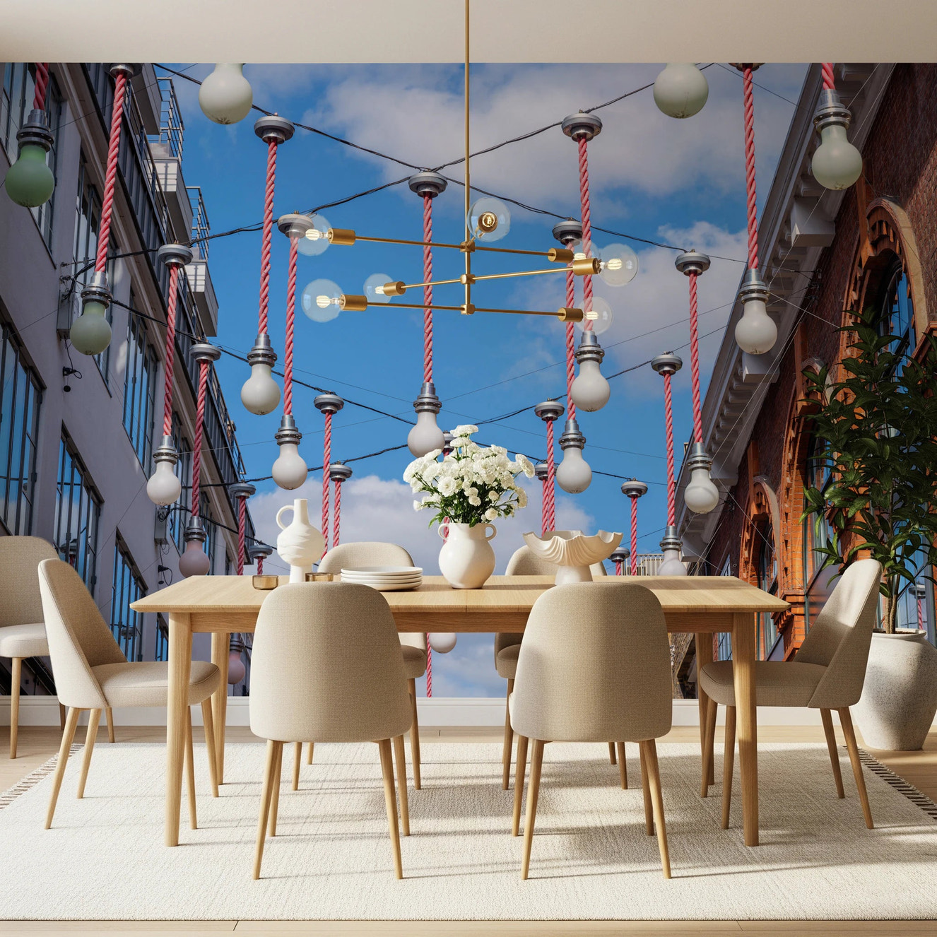 Urban Hanging Lights Wall Mural with blue sky background and string bulbs.