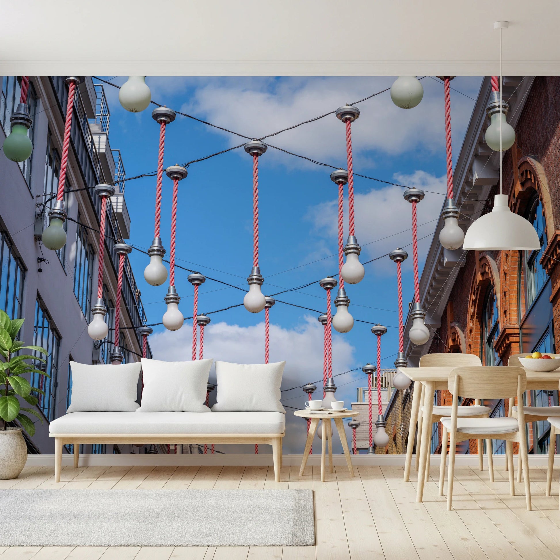 Urban Hanging Lights Wall Mural presents a balanced architectural view.