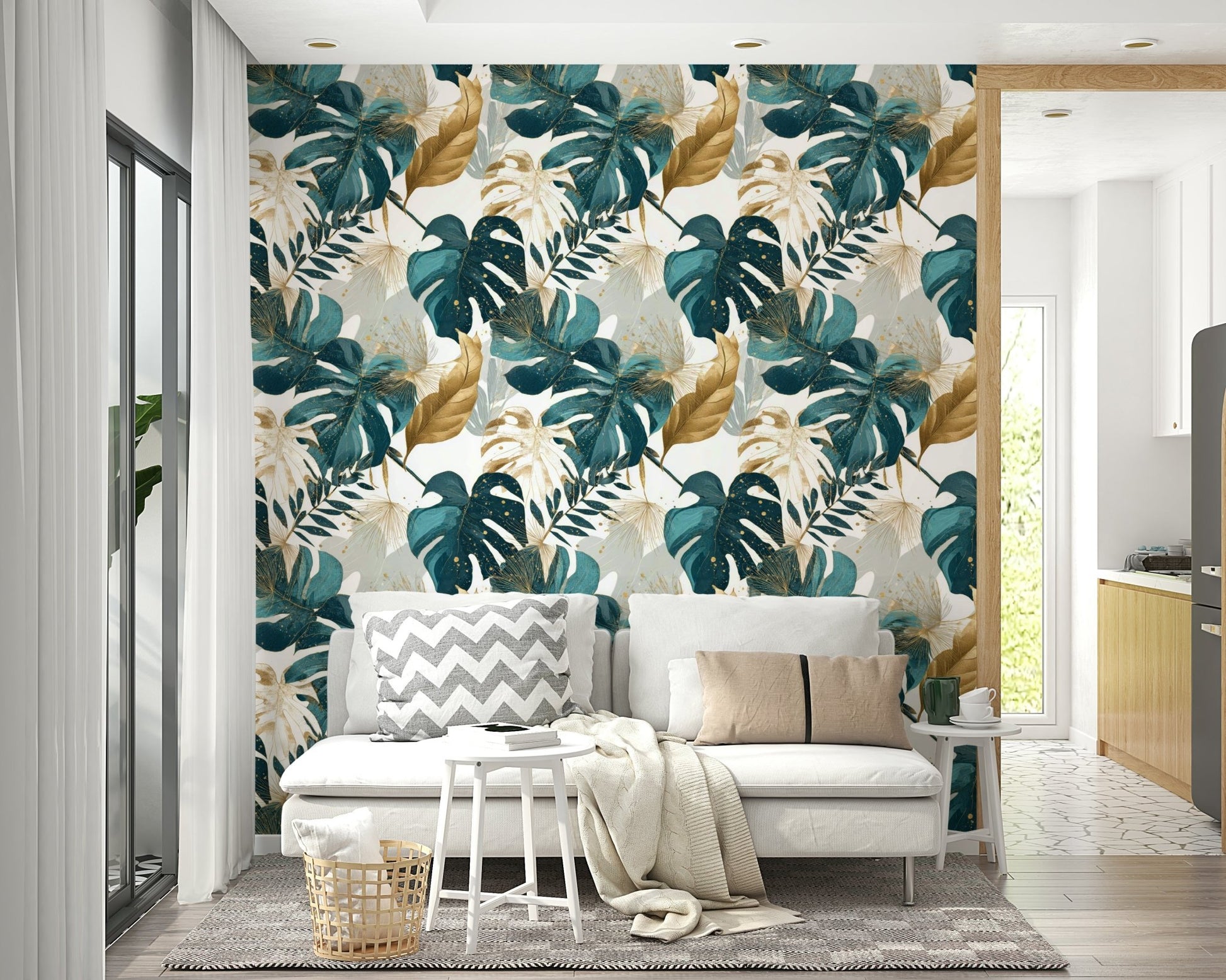 Modern living room with jungle-inspired wallpaper

