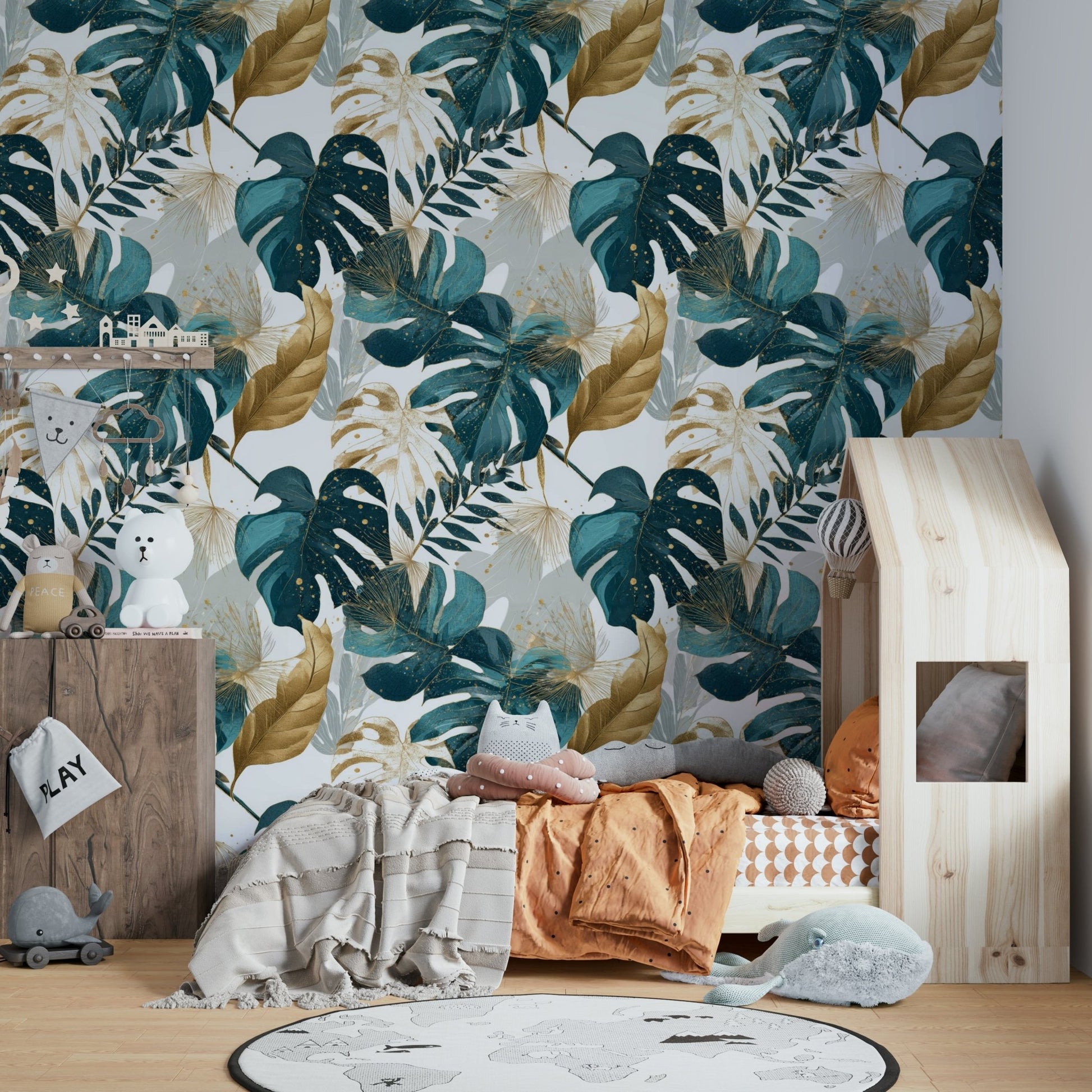 Statement wall with dense leaf pattern wallpaper

