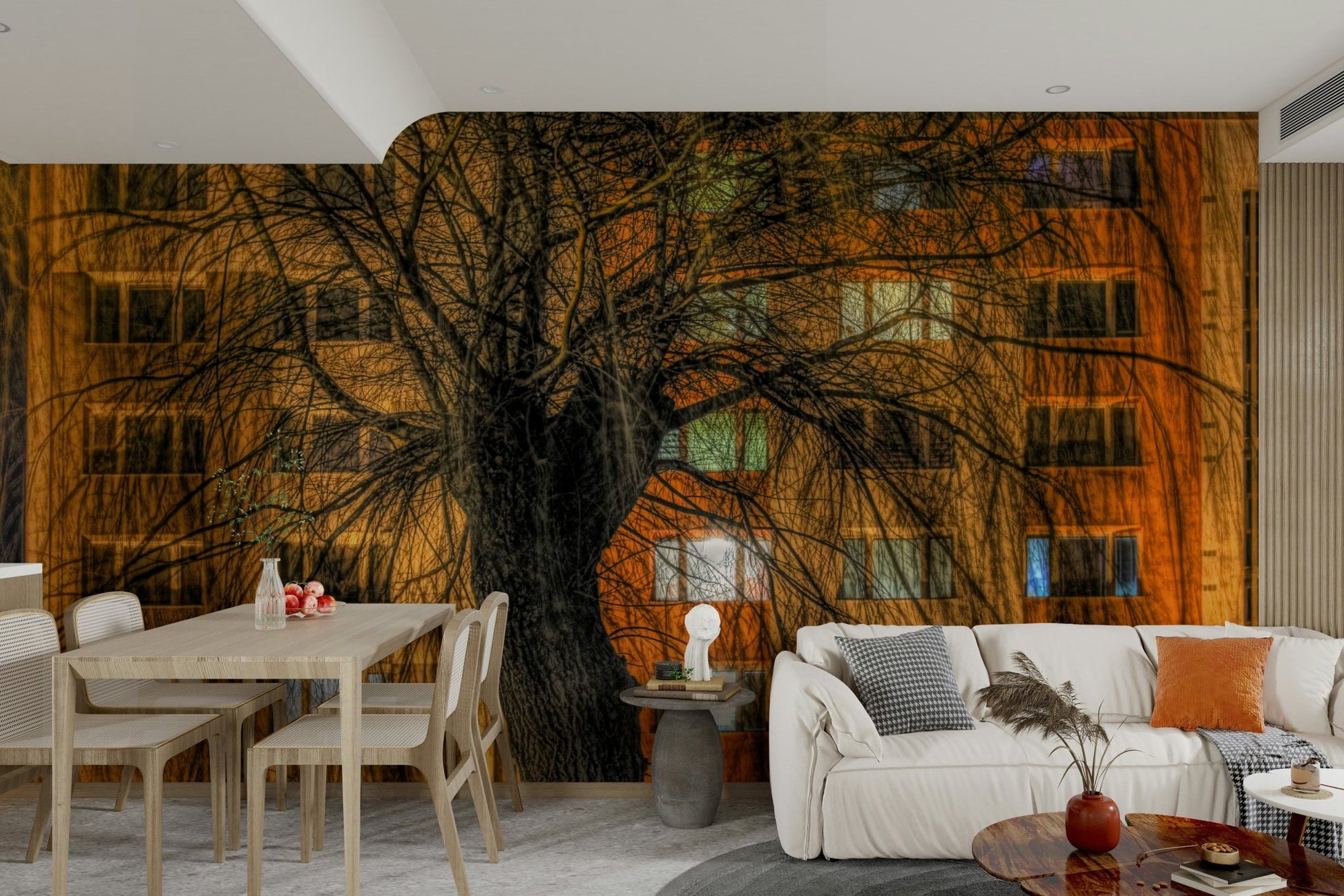Wall mural creating a sophisticated and atmospheric ambiance.

