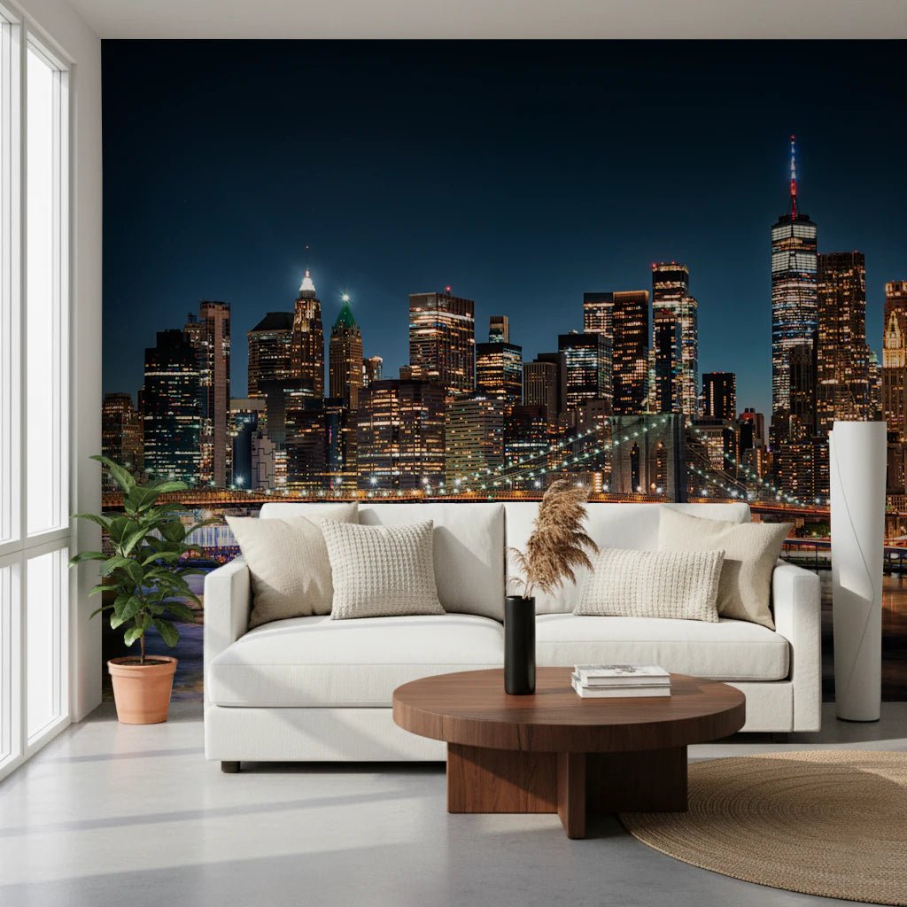 Urban Nightscape wallpaper mural of New York at night behind a white sofa and round walnut coffee table