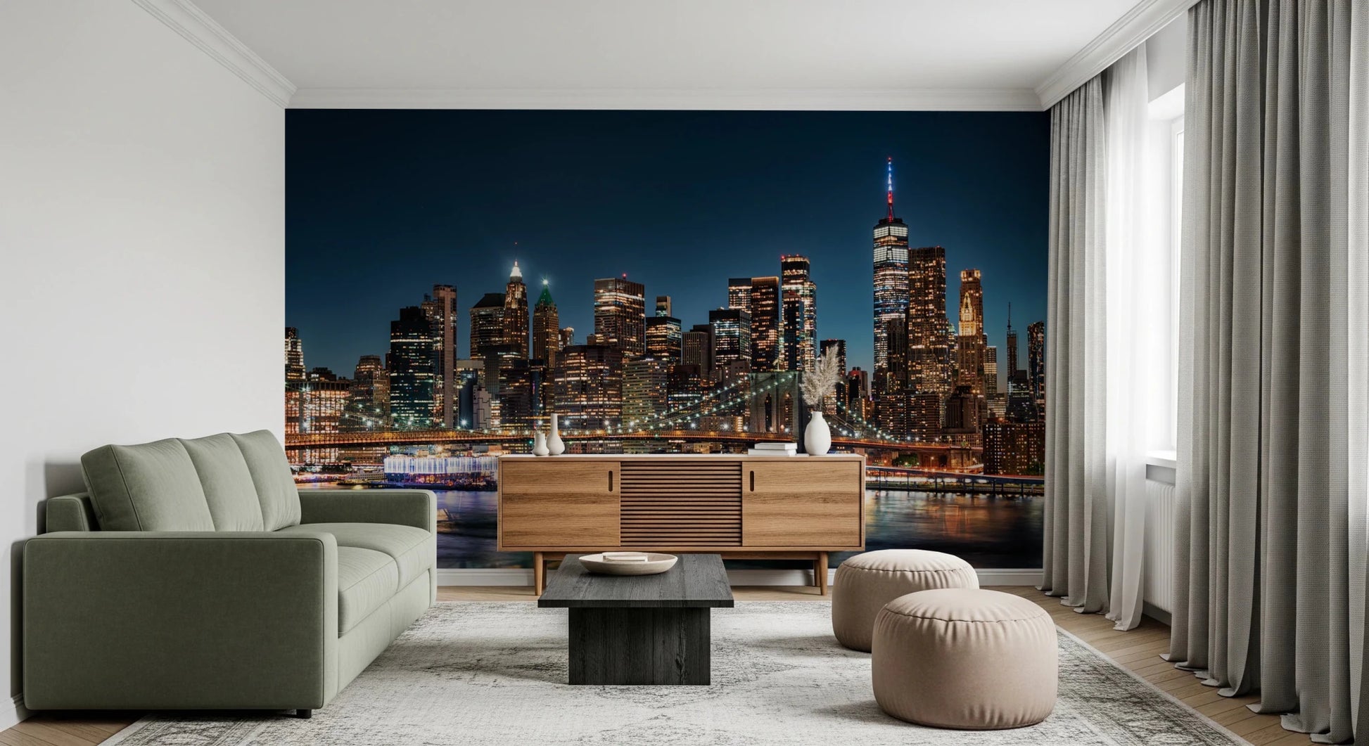 Urban Nightscape wallpaper mural of a lit city skyline over a green sofa and walnut sideboard in a living room