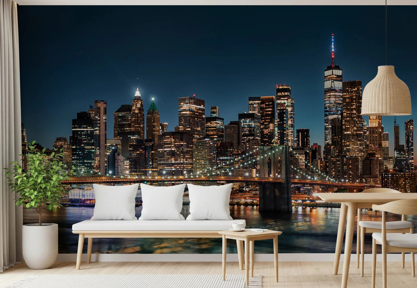 Urban Nightscape wallpaper mural of a city skyline and bridge above a bench and dining table by a window