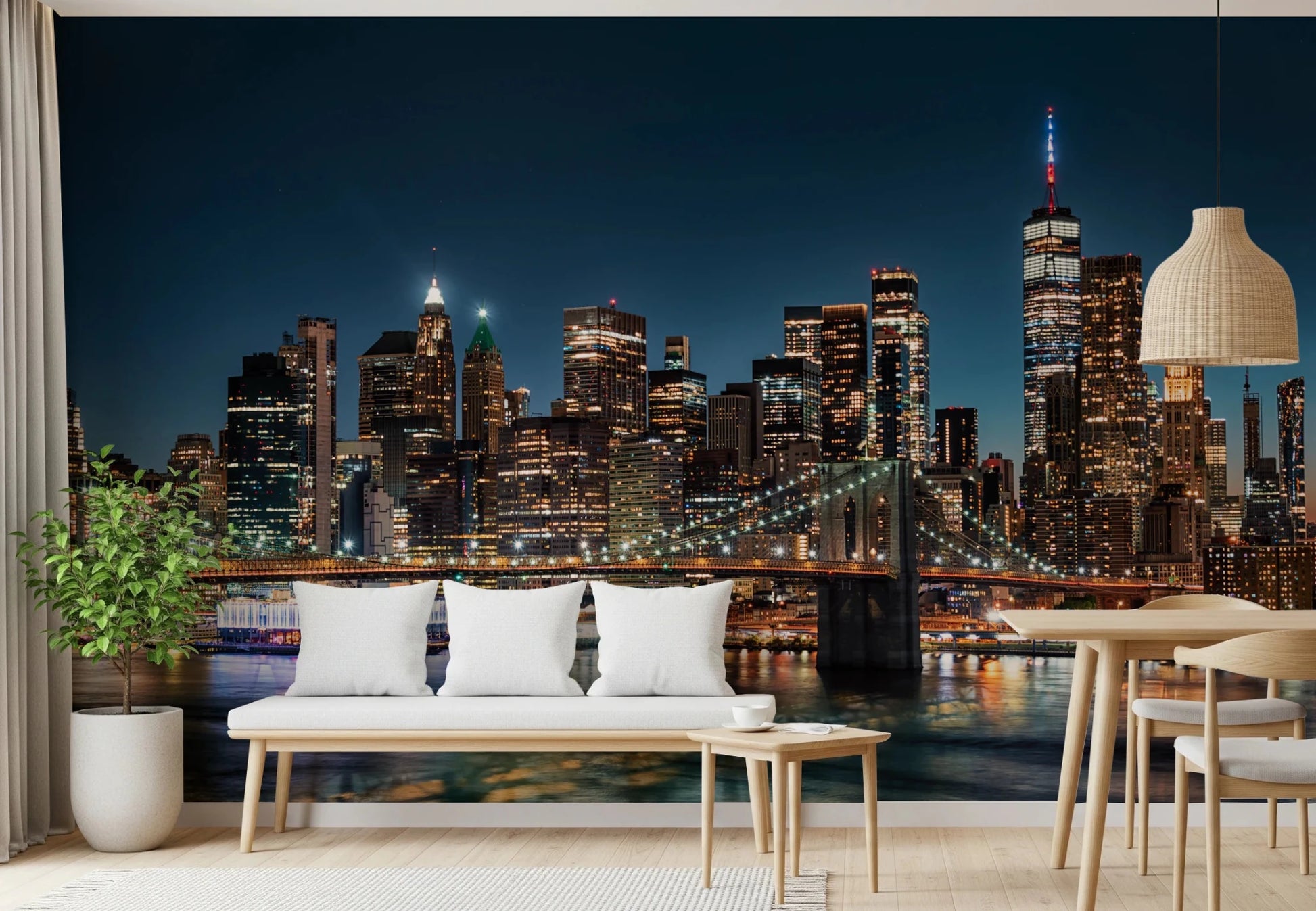 Urban Nightscape wallpaper mural of a city skyline and bridge above a bench and dining table by a window