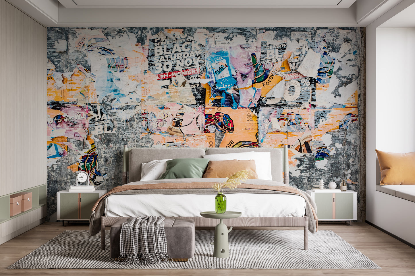 Urban Poster Patchwork wallpaper mural in a bedroom behind an upholstered bed with sage and tan pillows
