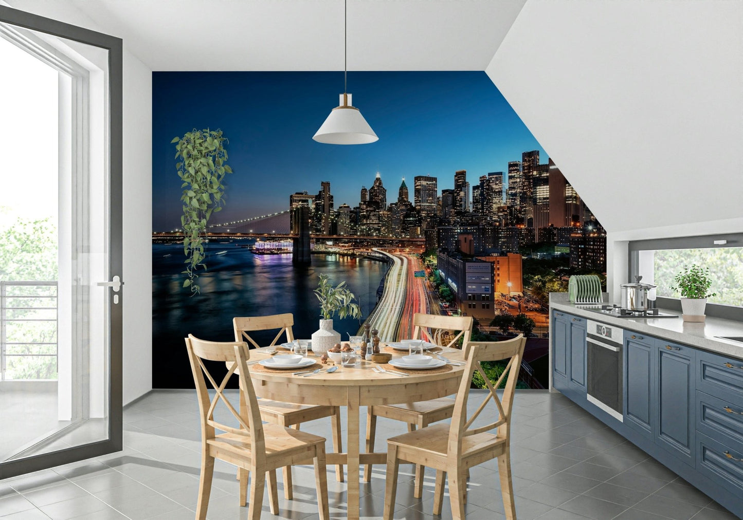 Tall building silhouettes within peel and stick wallpaper.