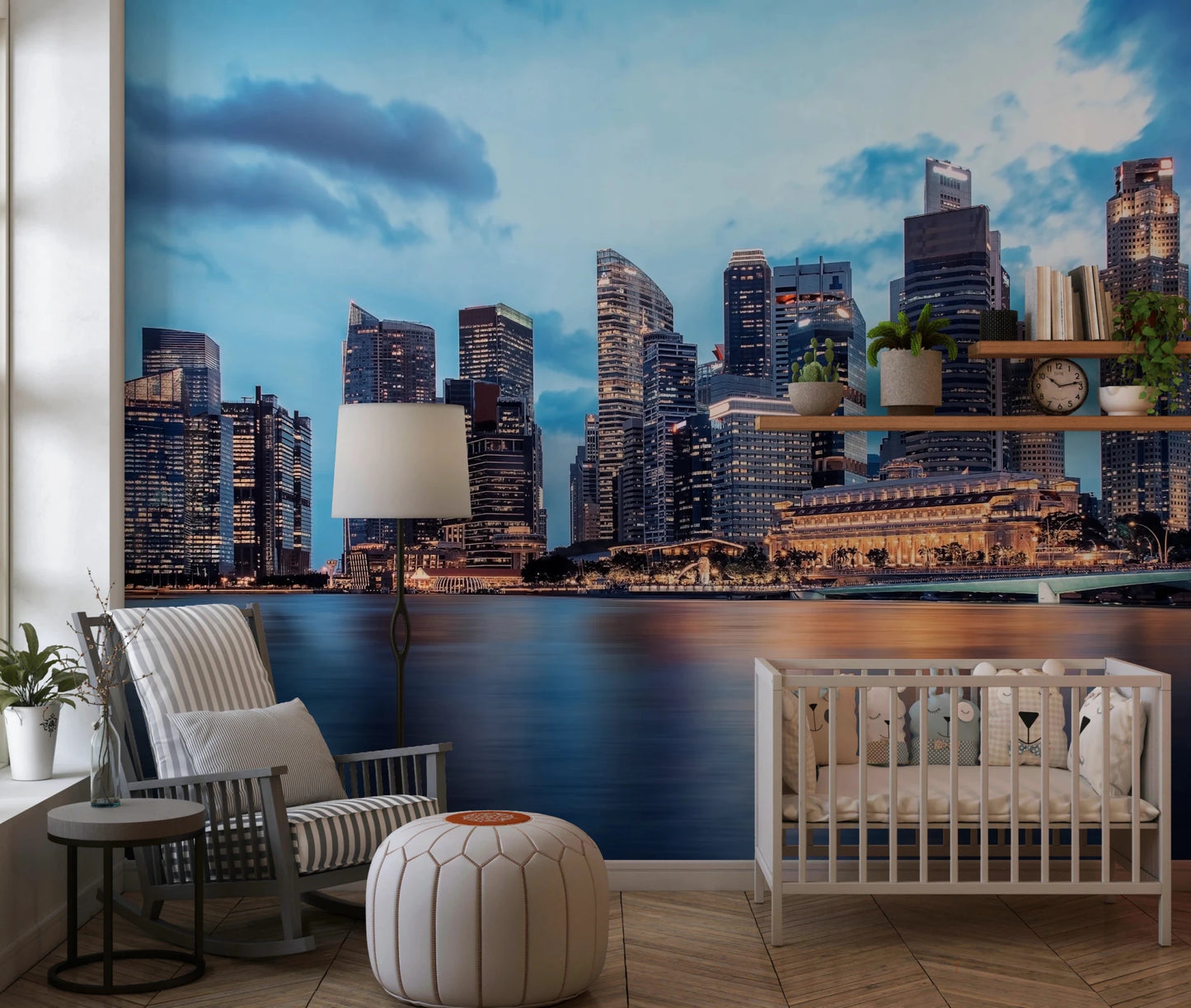 Urban Serenity wallpaper mural of a dusk city skyline in a nursery with a white crib and striped rocking chair