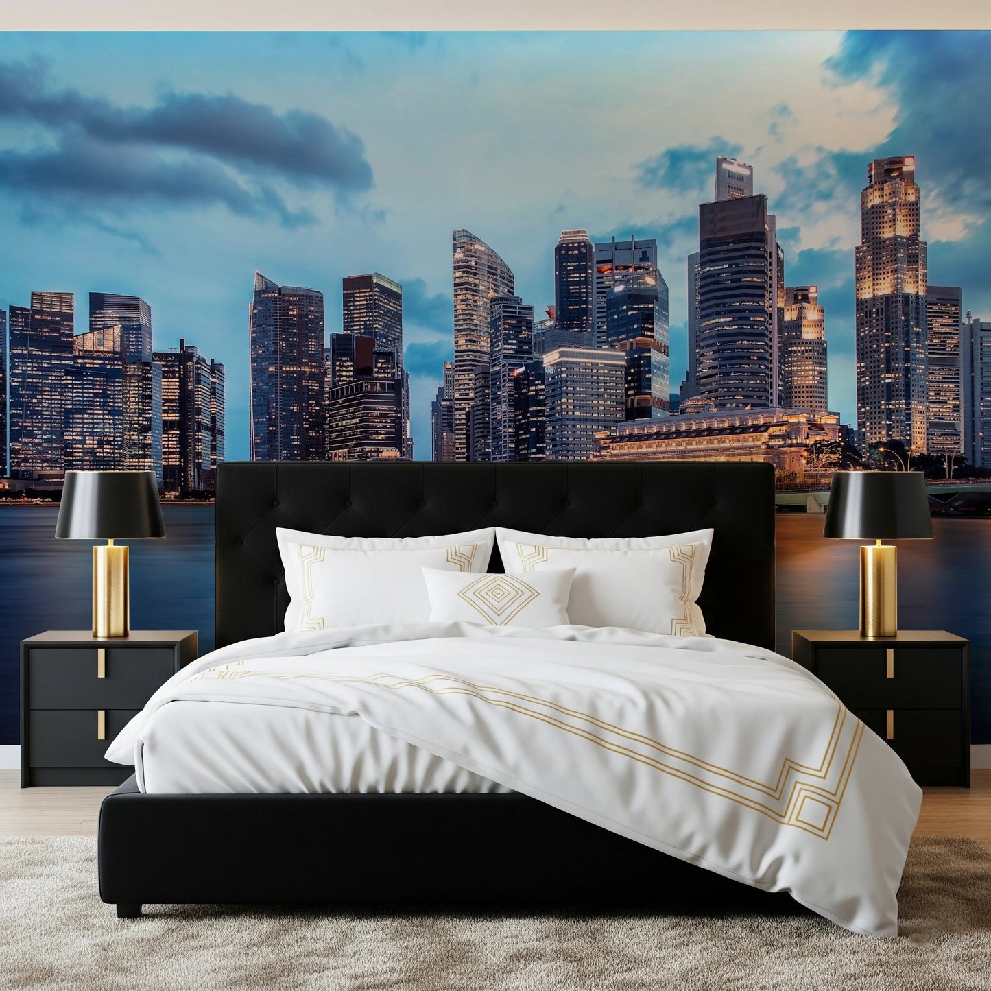 Urban Serenity wallpaper mural of skyscrapers over water behind a black bed with gold lamps and black nightstands