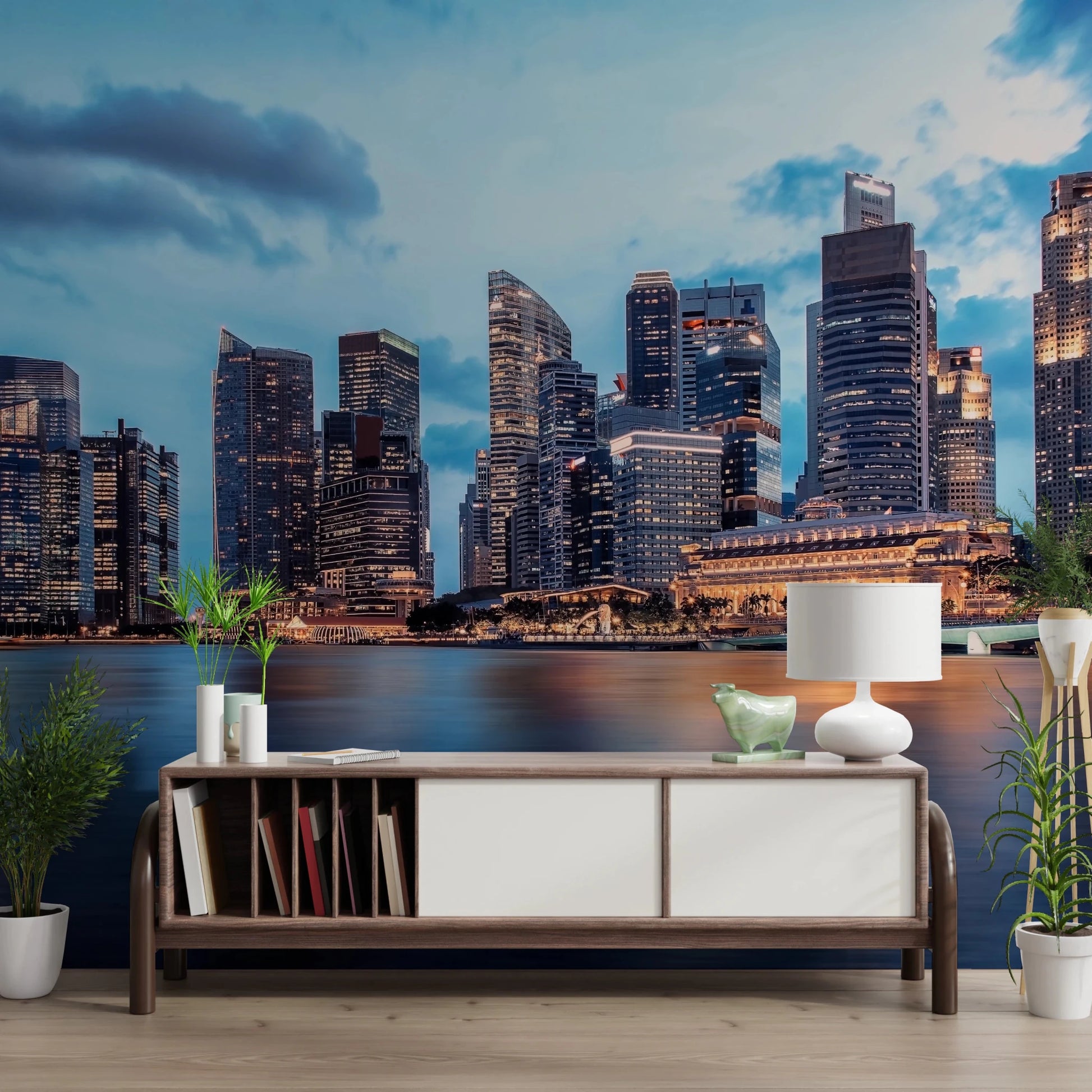 Urban Serenity wallpaper mural of a waterfront skyline behind a wood and white media console with a table lamp