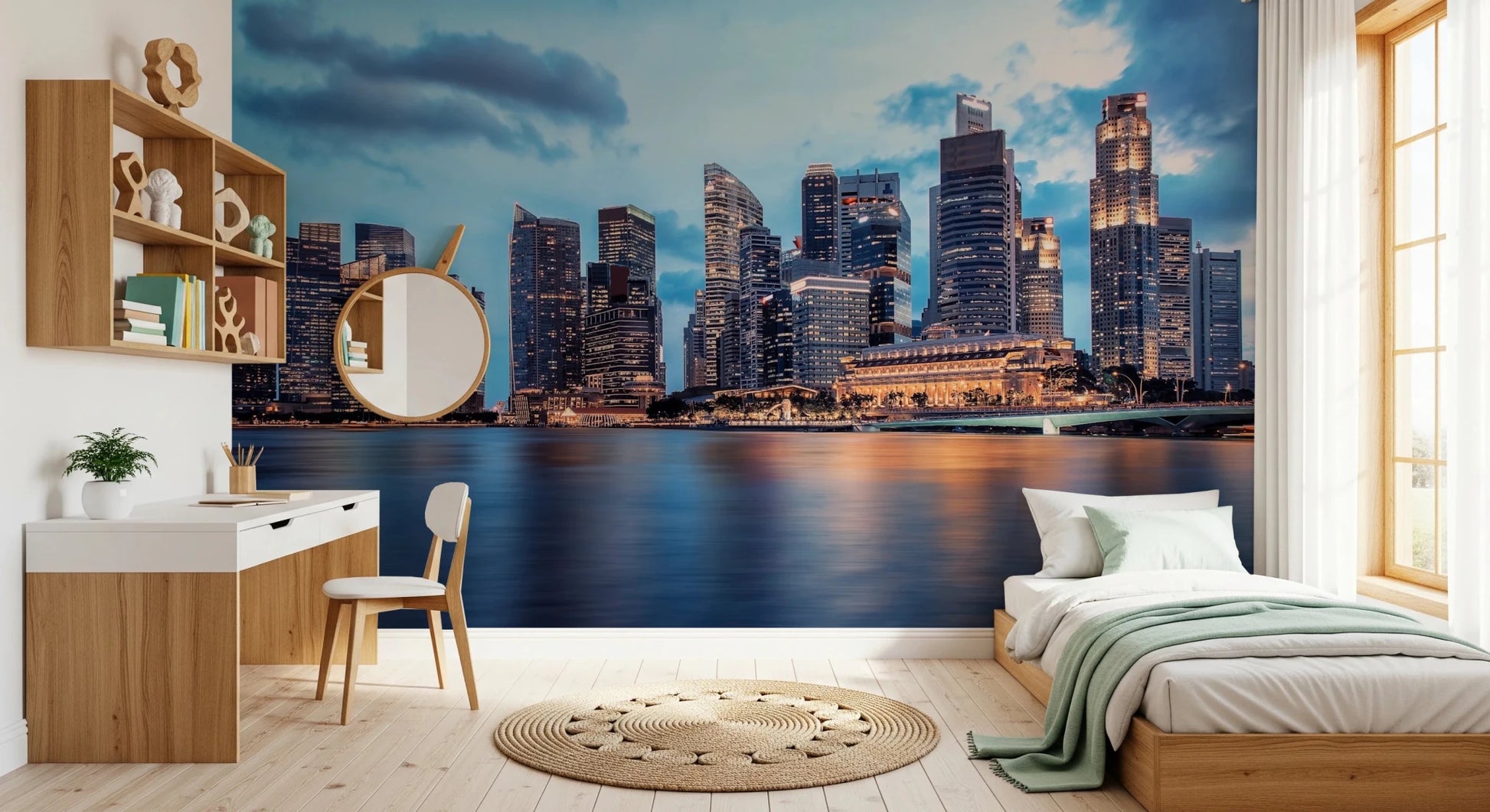 Urban Serenity wallpaper mural of a city over water in a kids bedroom with a single bed and a white and wood desk