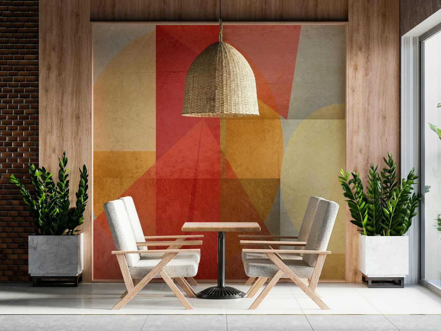 Abstract city-inspired blocks and circles layered in earthy colors create a modern fusion wallpaper.