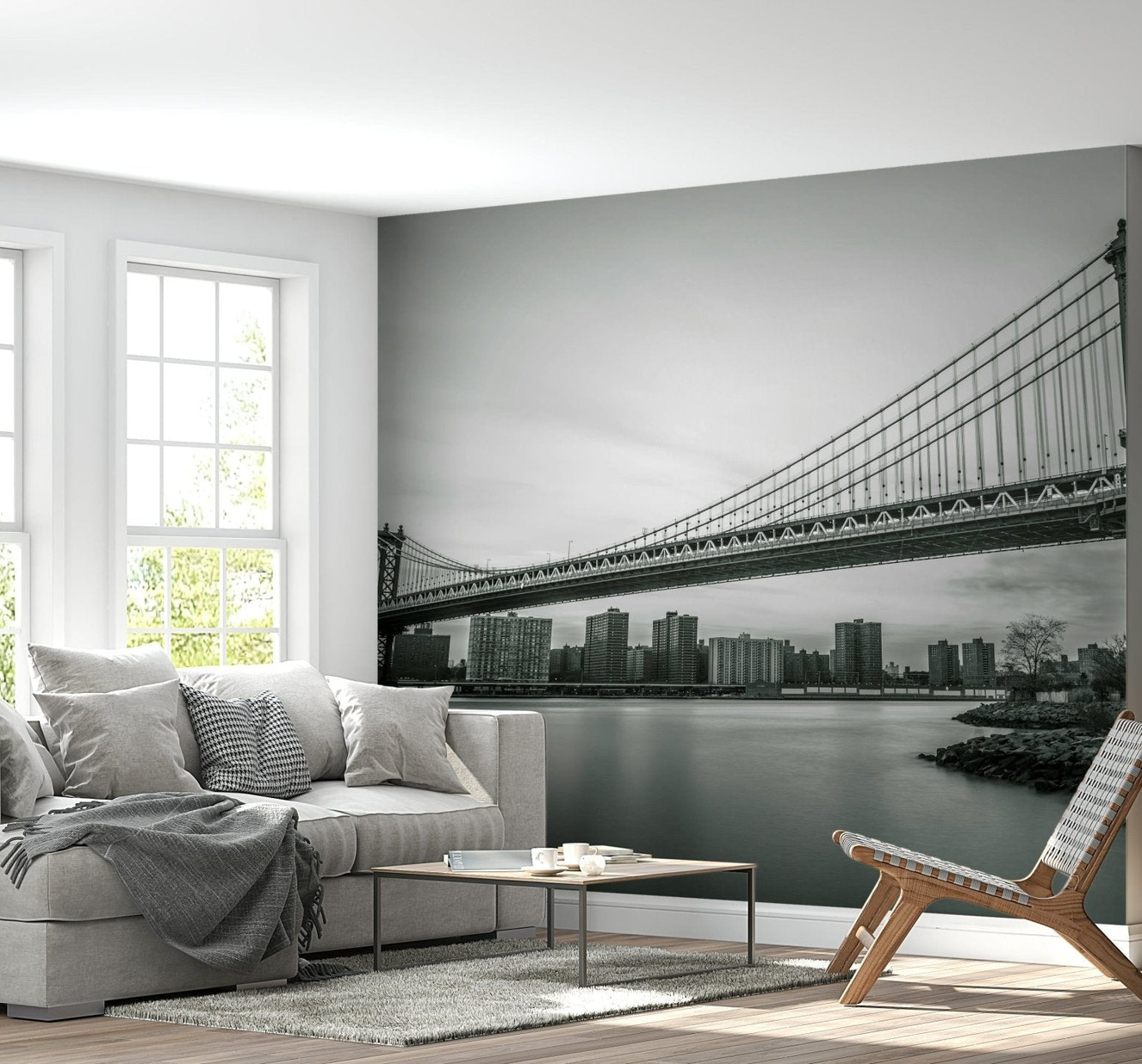 Monochrome Bridge wallpaper Massive cables, distant city towers.