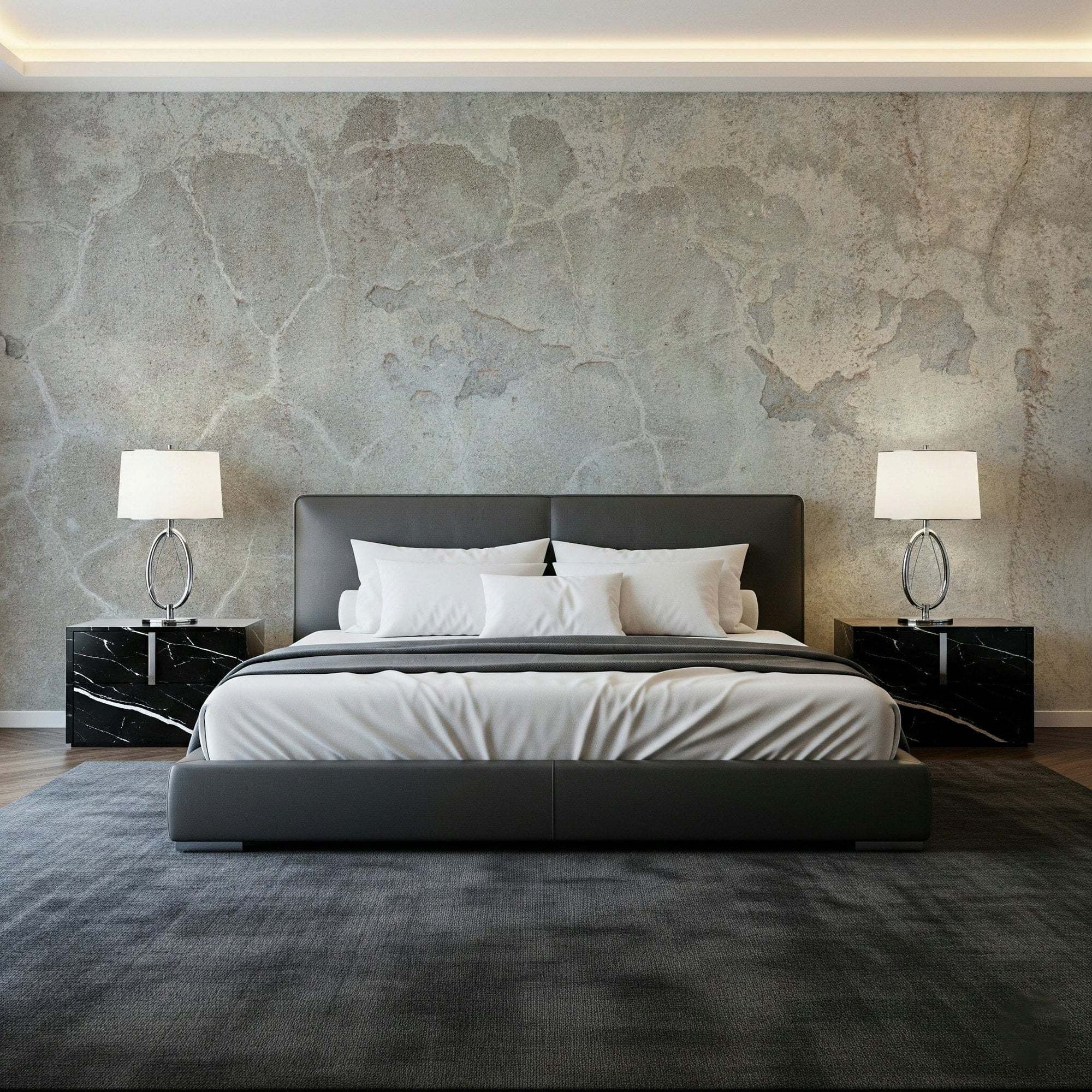 Urban Texture wallpaper mural in distressed gray concrete behind a dark leather bed and marble nightstands