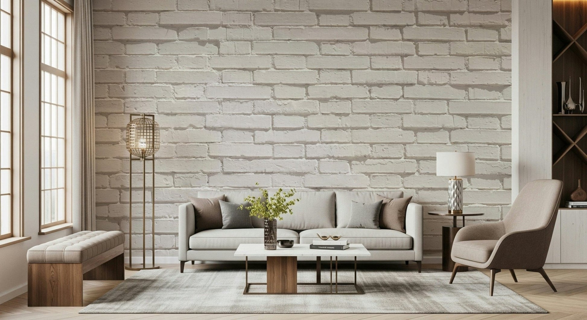 Urban White Brick Wall Mural featuring clean white brick textures for modern, loft, or industrial-style interiors.