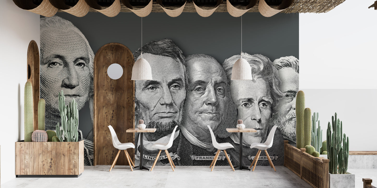 US presidential portraits currency wallpaper mural of money faces behind cafe tables flanked by potted cacti