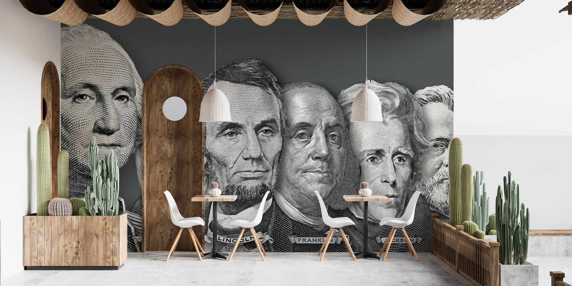 US presidential portraits currency wallpaper mural of money faces behind cafe tables flanked by potted cacti