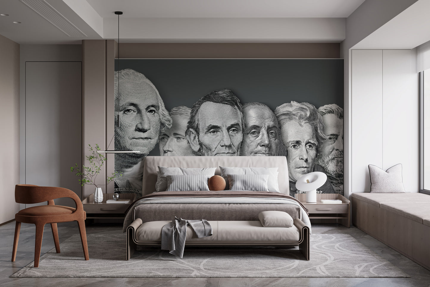 US presidential portraits currency wallpaper mural in black and white on a charcoal wall behind an upholstered bed