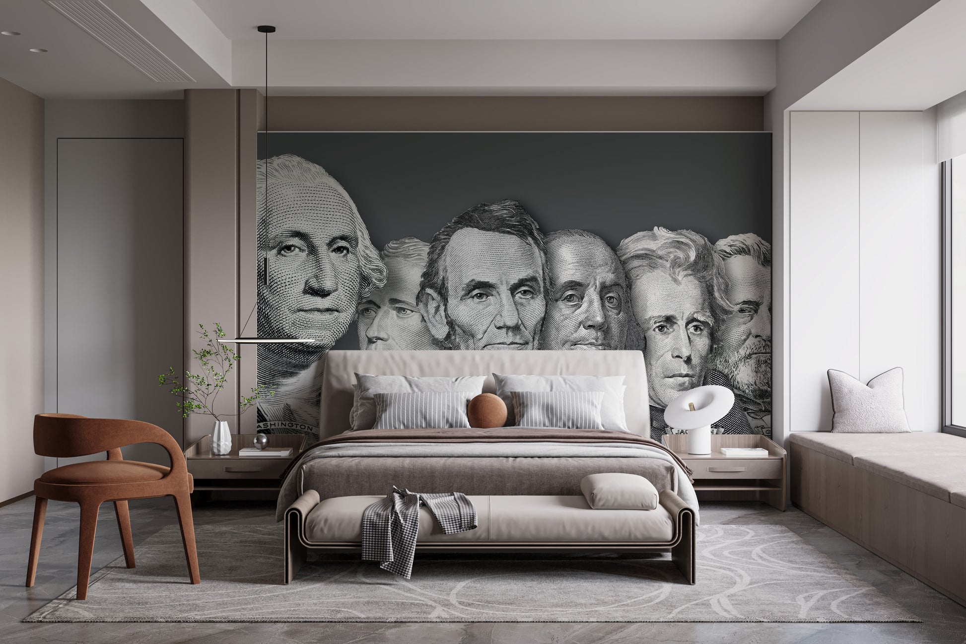 US presidential portraits currency wallpaper mural in black and white on a charcoal wall behind an upholstered bed