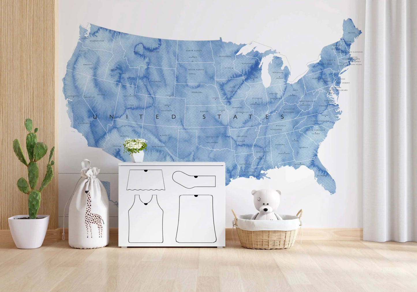 USA map with states and capitals in blue watercolor Wall Mural