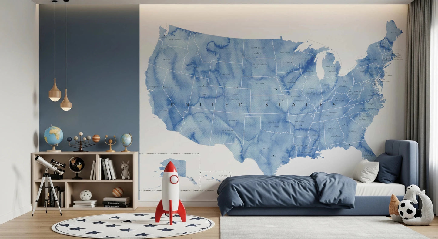 USA map with states and capitals in blue watercolor Wall Mural