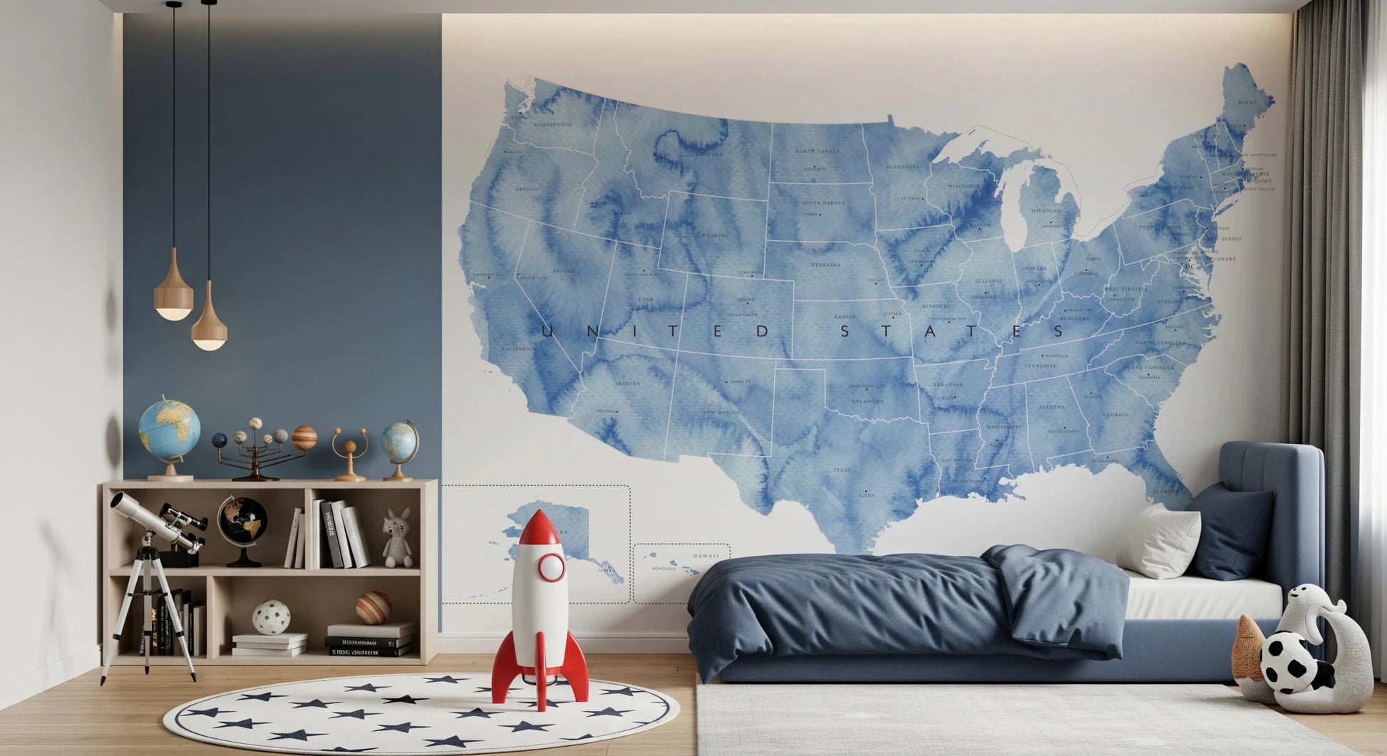 USA map with states and capitals in blue watercolor Wall Mural