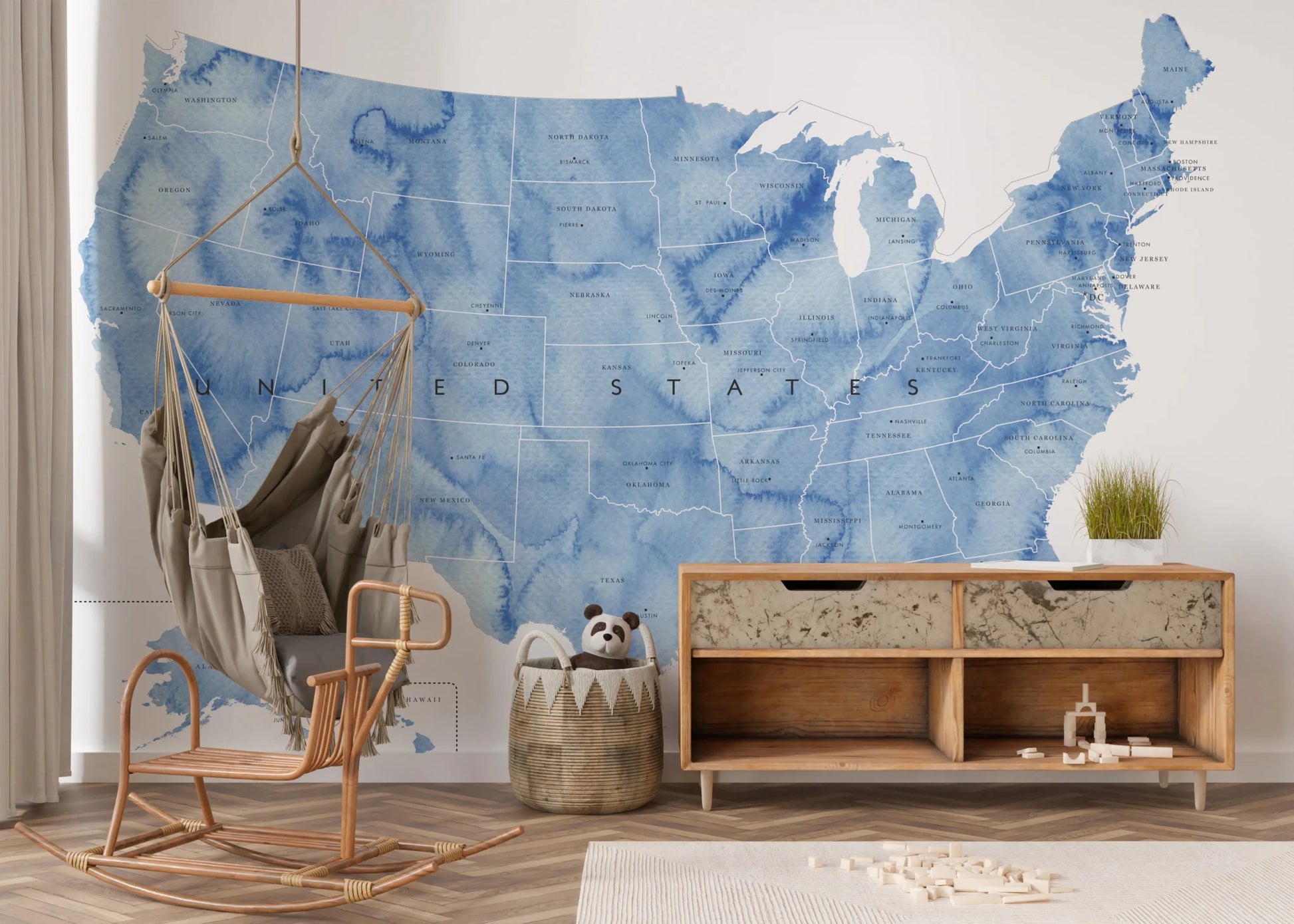 USA map with states and capitals in blue watercolor Wall Mural