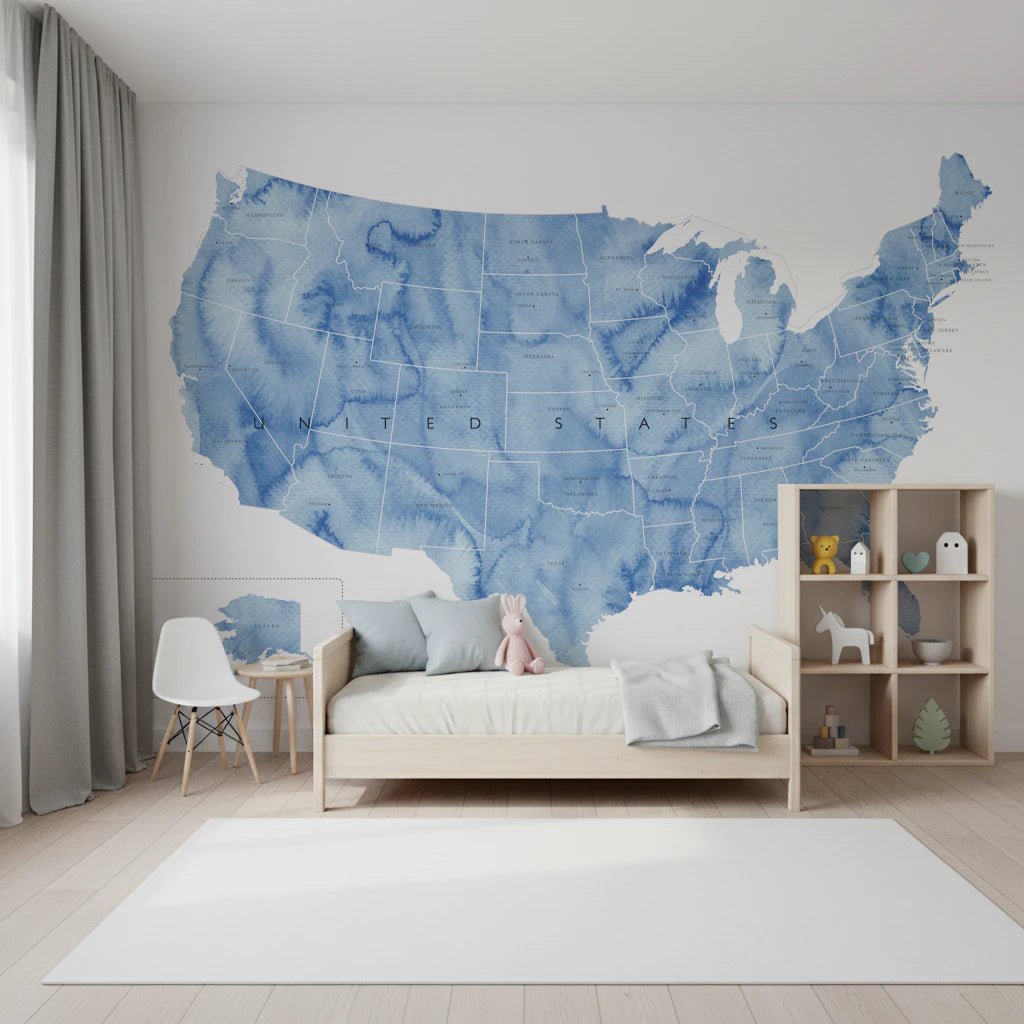 USA map with states and capitals in blue watercolor Wall Mural
