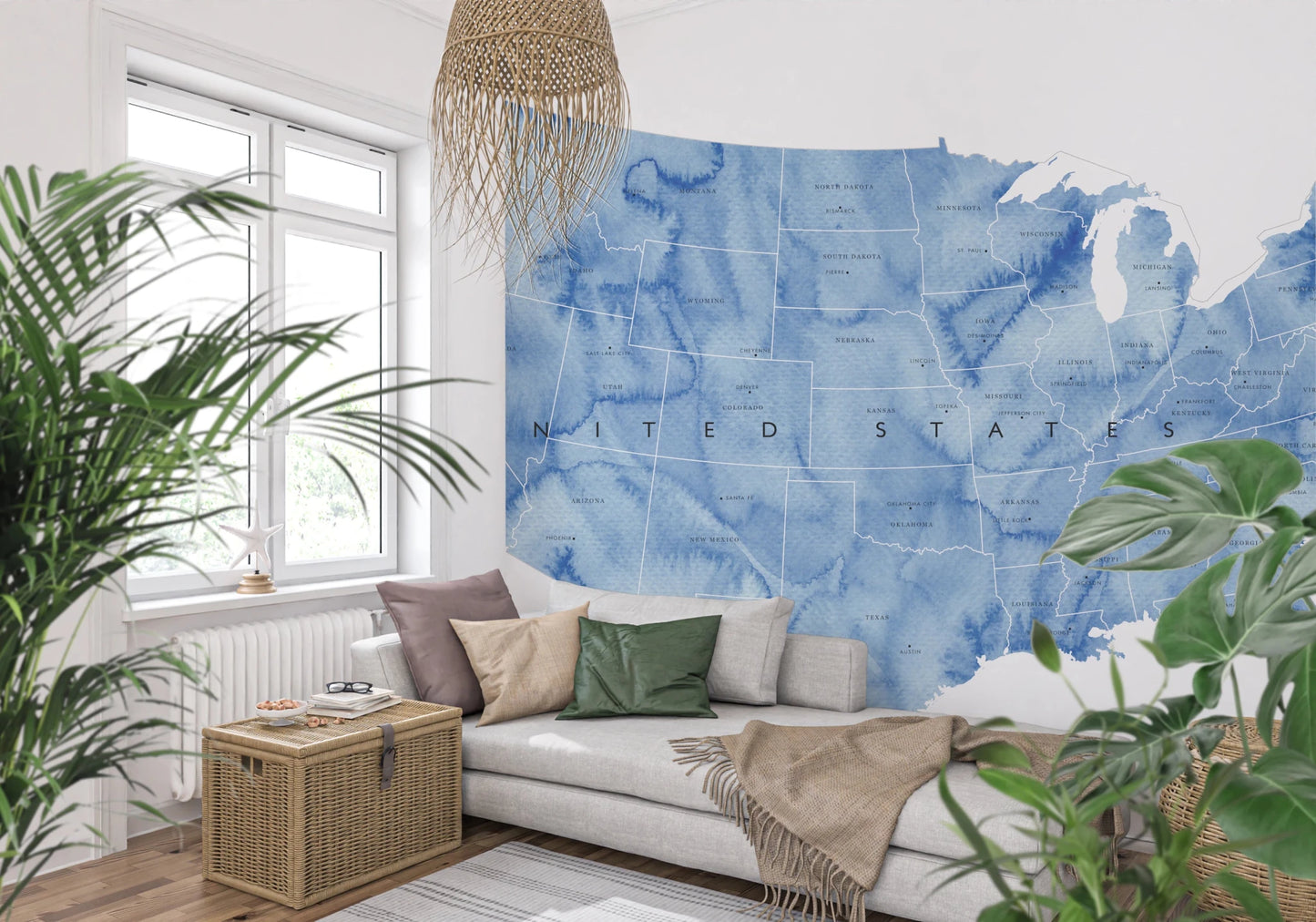 USA map with states and capitals in blue watercolor Wall Mural