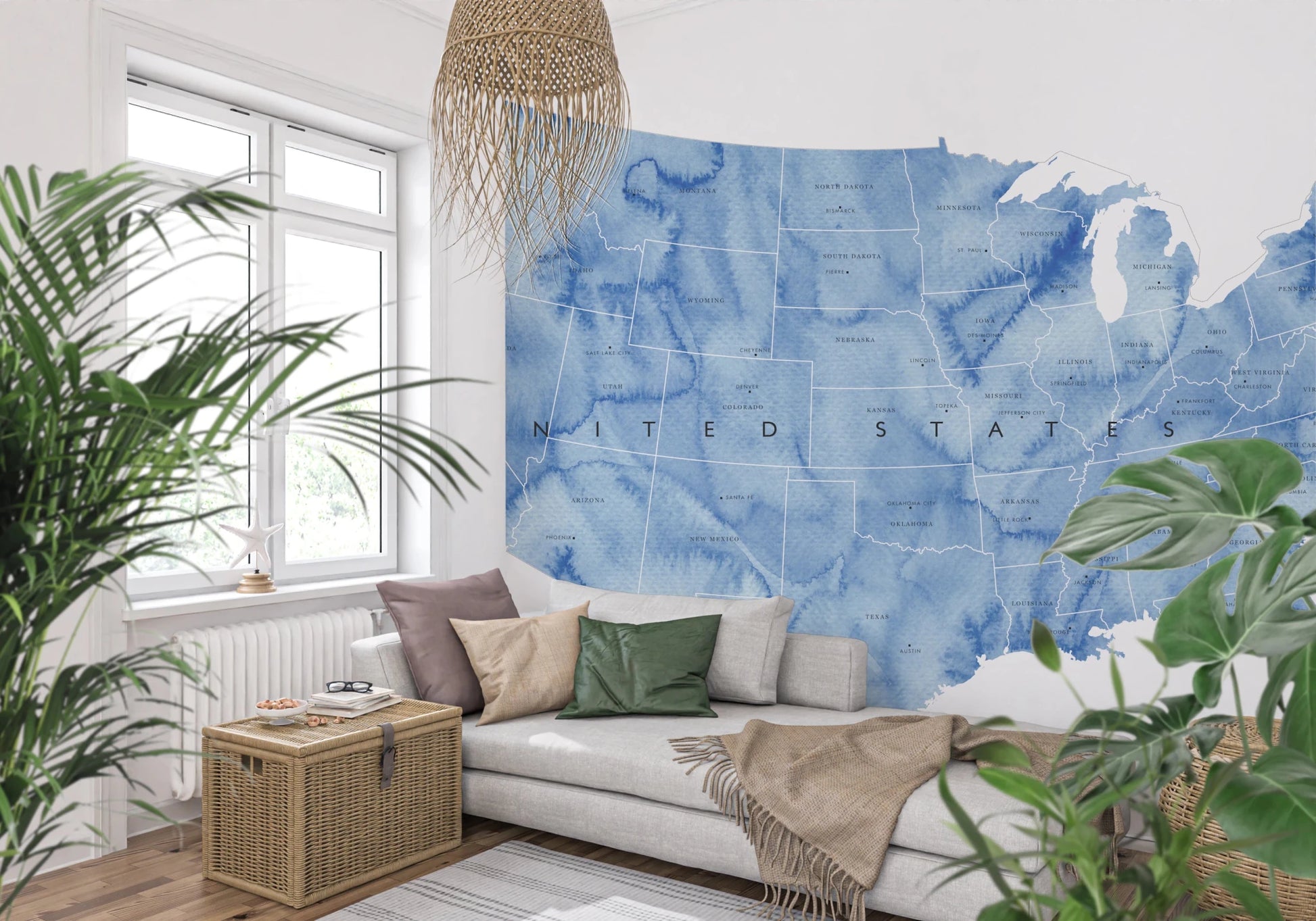 USA map with states and capitals in blue watercolor Wall Mural