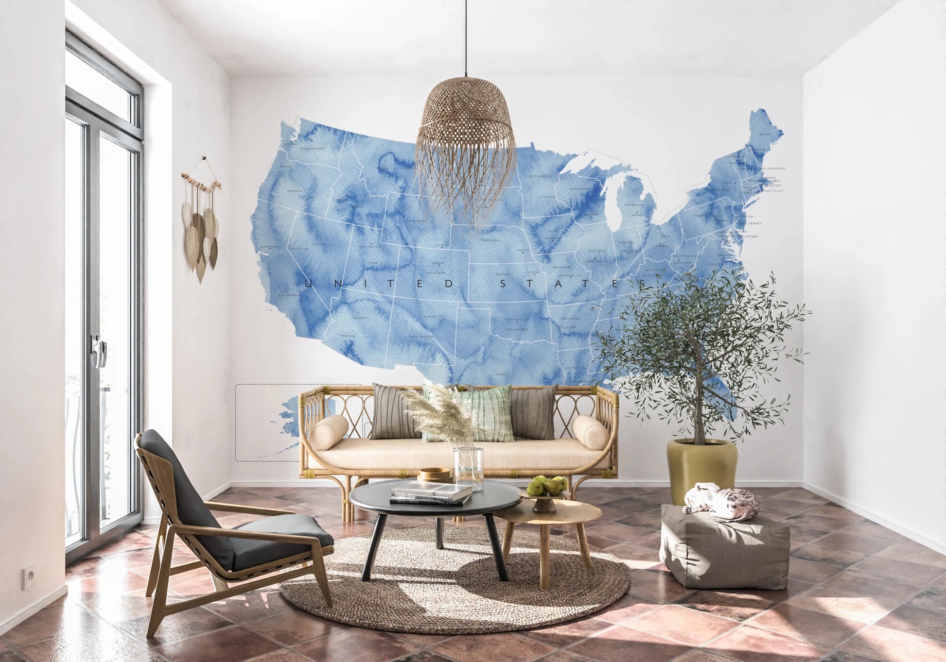 USA map with states and capitals in blue watercolor Wall Mural