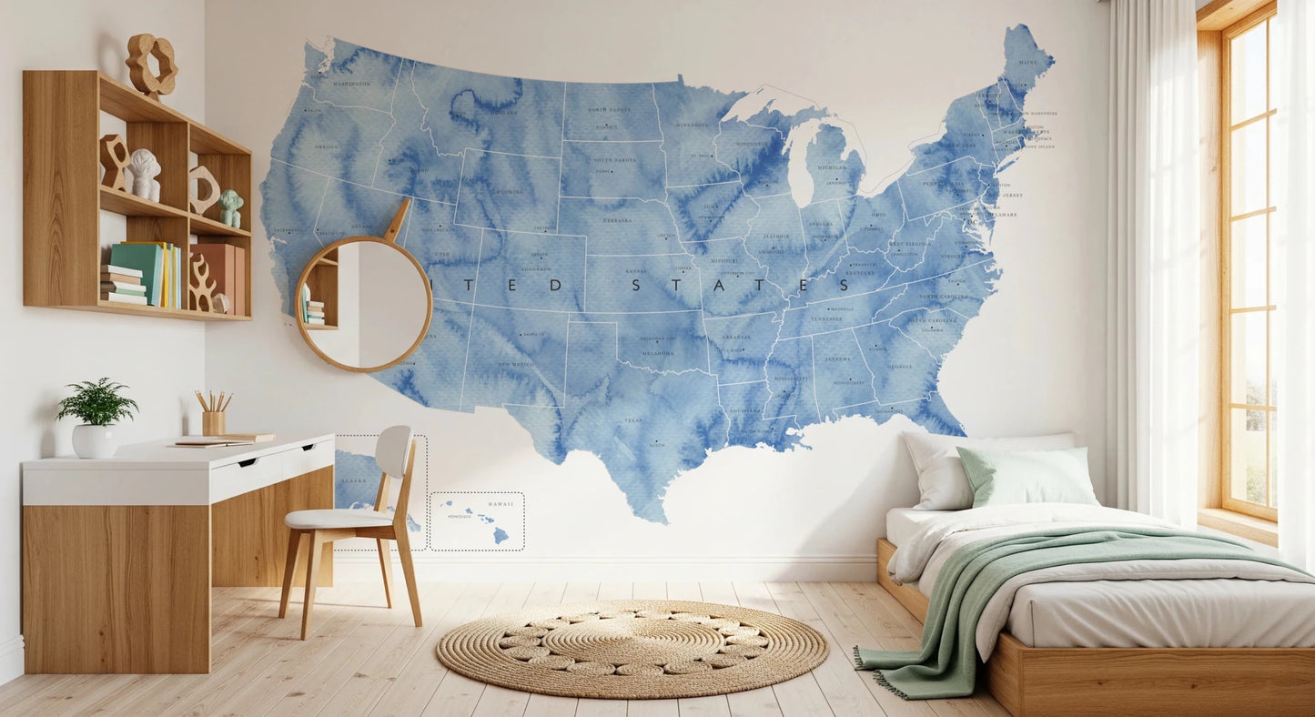 USA map with states and capitals in blue watercolor Wall Mural