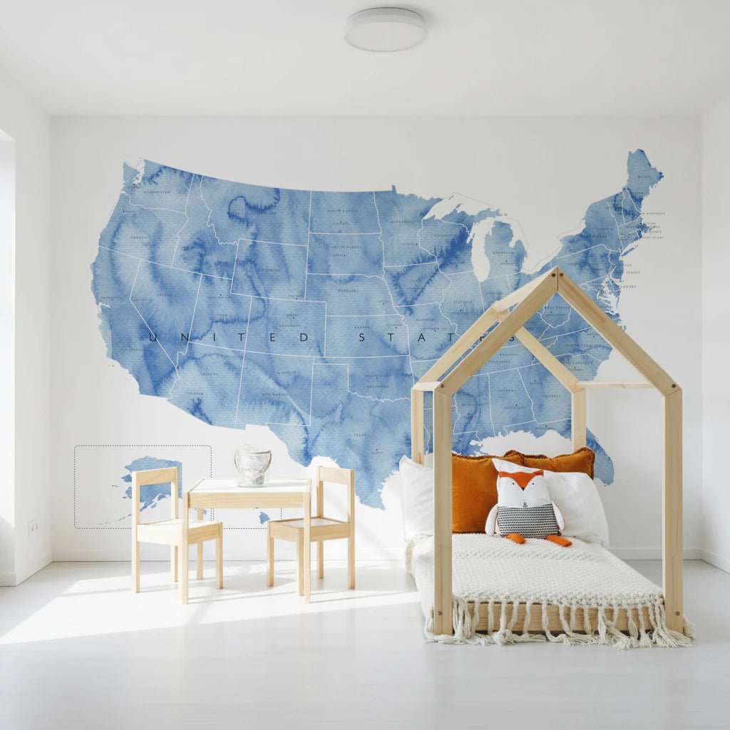 USA map with states and capitals in blue watercolor Wall Mural