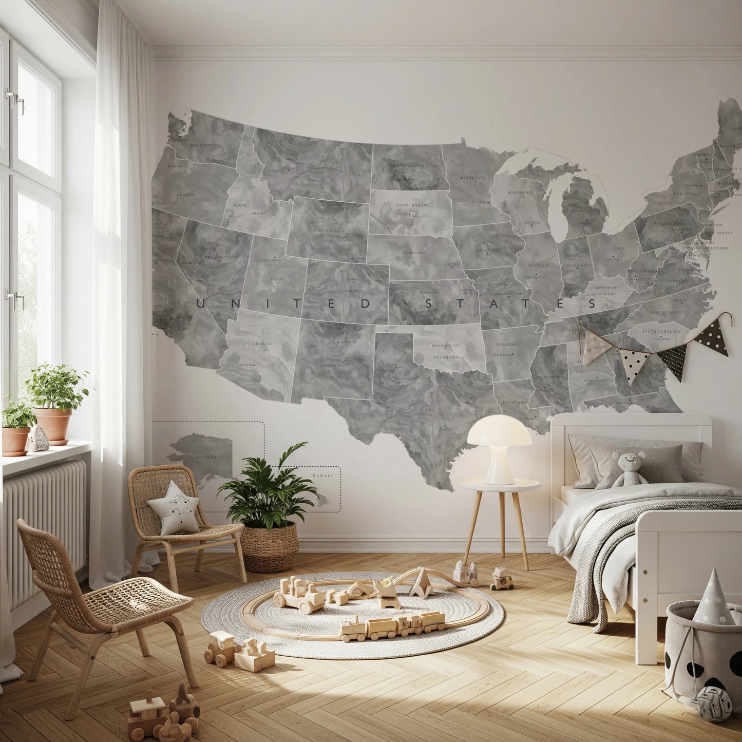 USA map with states and capitals in gray watercolor Wall Mural