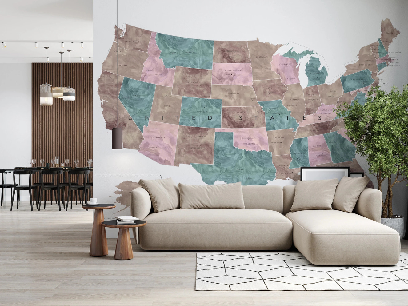 USA map with states and capitals in muted watercolor Wall Mural