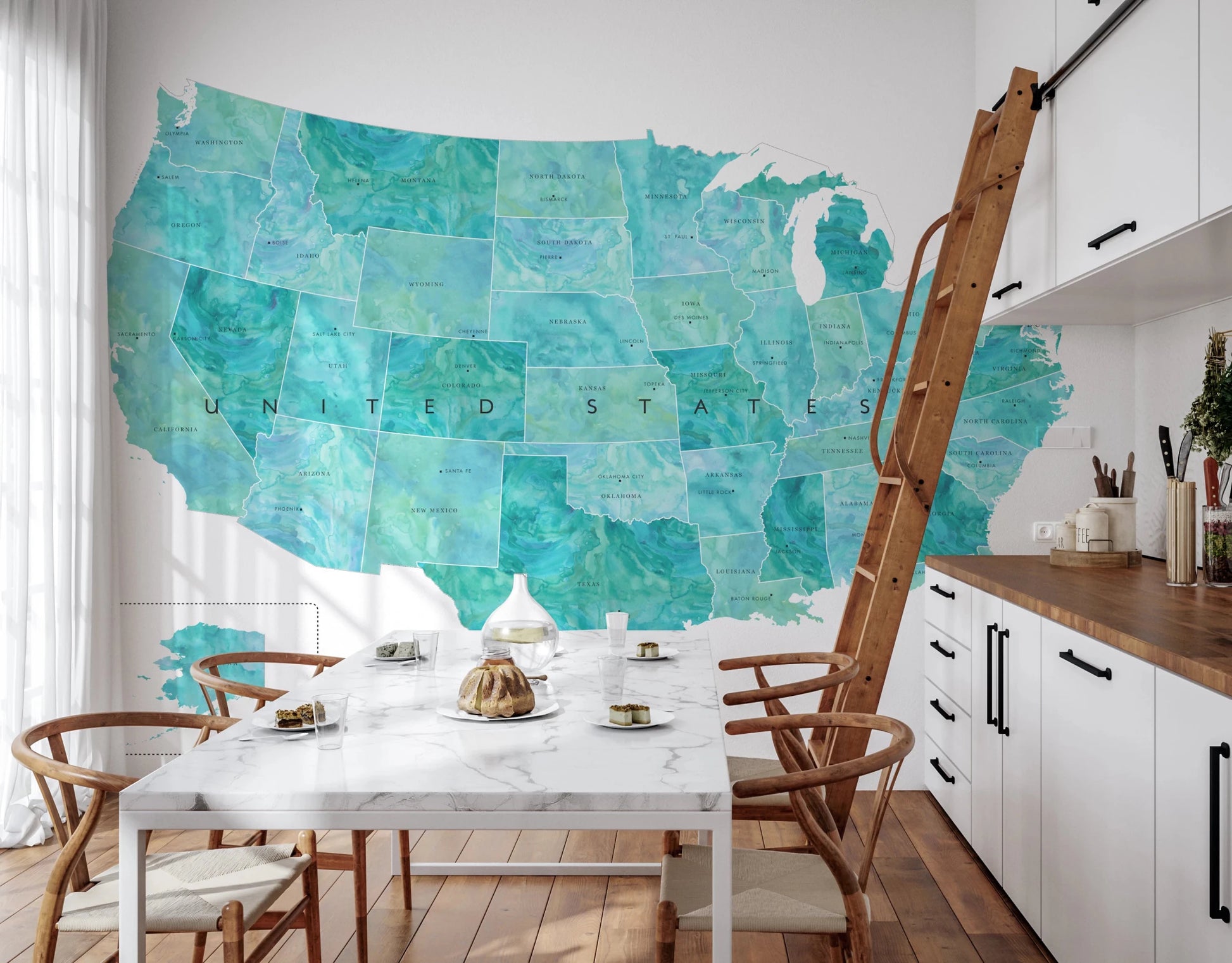 USA map with states and capitals in teal watercolor wallpaper mural in a kitchen dining nook with a marble table