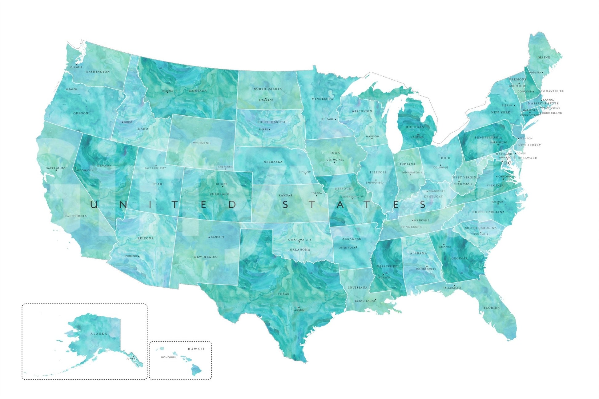 USA map with states and capitals in teal watercolor shown as a full-wall mural with Alaska and Hawaii insets