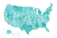 USA map with states and capitals in teal watercolor shown as a full-wall mural with Alaska and Hawaii insets