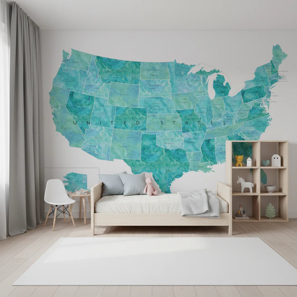 USA map with states and capitals in teal watercolor wallpaper mural in a kids bedroom with a wood bed and toys