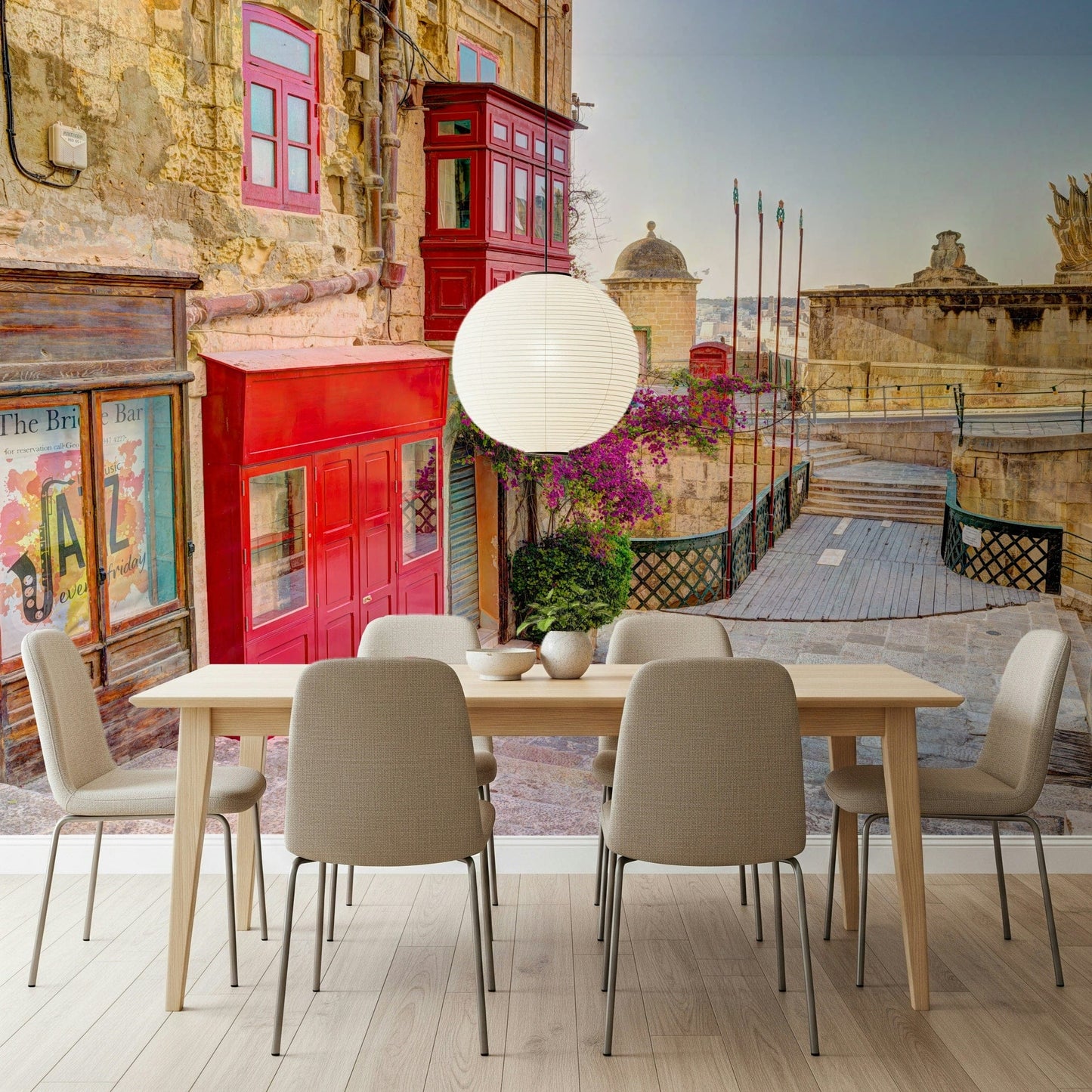 Old town streetscape mural in hallway, modern home décor, warm colour palette