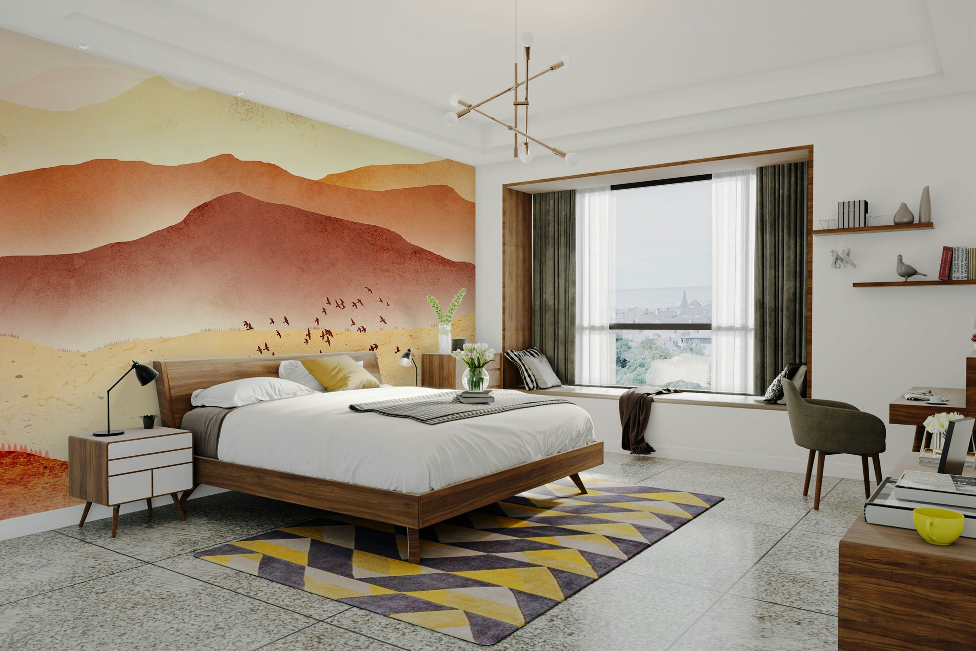 Warm orange and brown stone textures for a dining area wall in a modern flat.