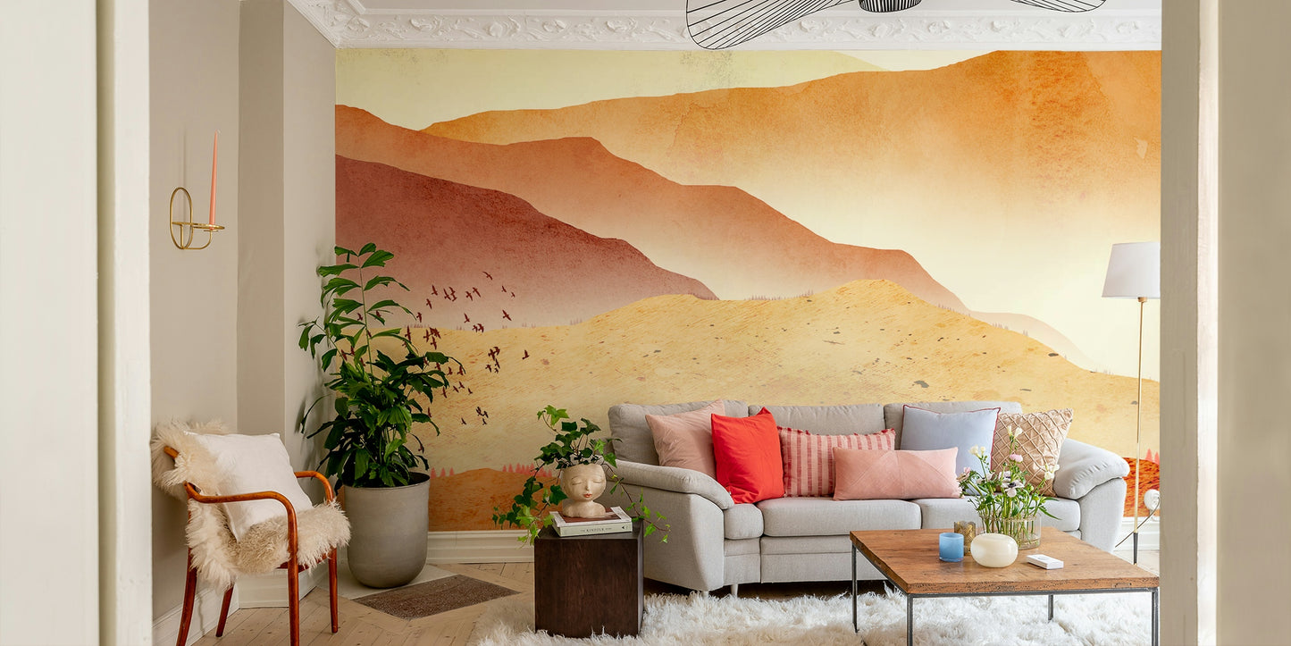 Earthy stone effect wallpaper for a primary bedroom with copper bedside lamps.