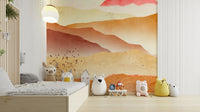 Rugged mountain shapes in an open plan living space with light oak flooring.