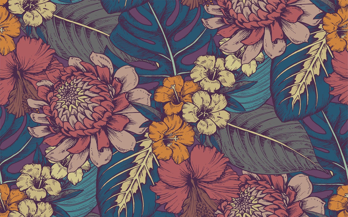 Hand Drawn Tropical Flowers Wallpaper Murals in your room — zoomed